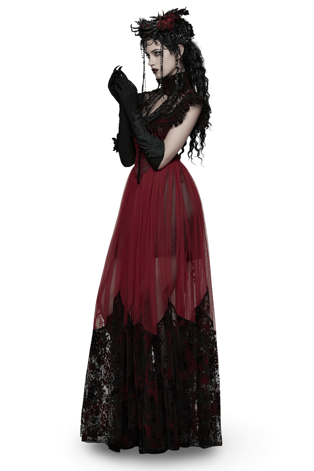 Gothic Red Lace and Mesh Flying Sleeve Maxi Dress