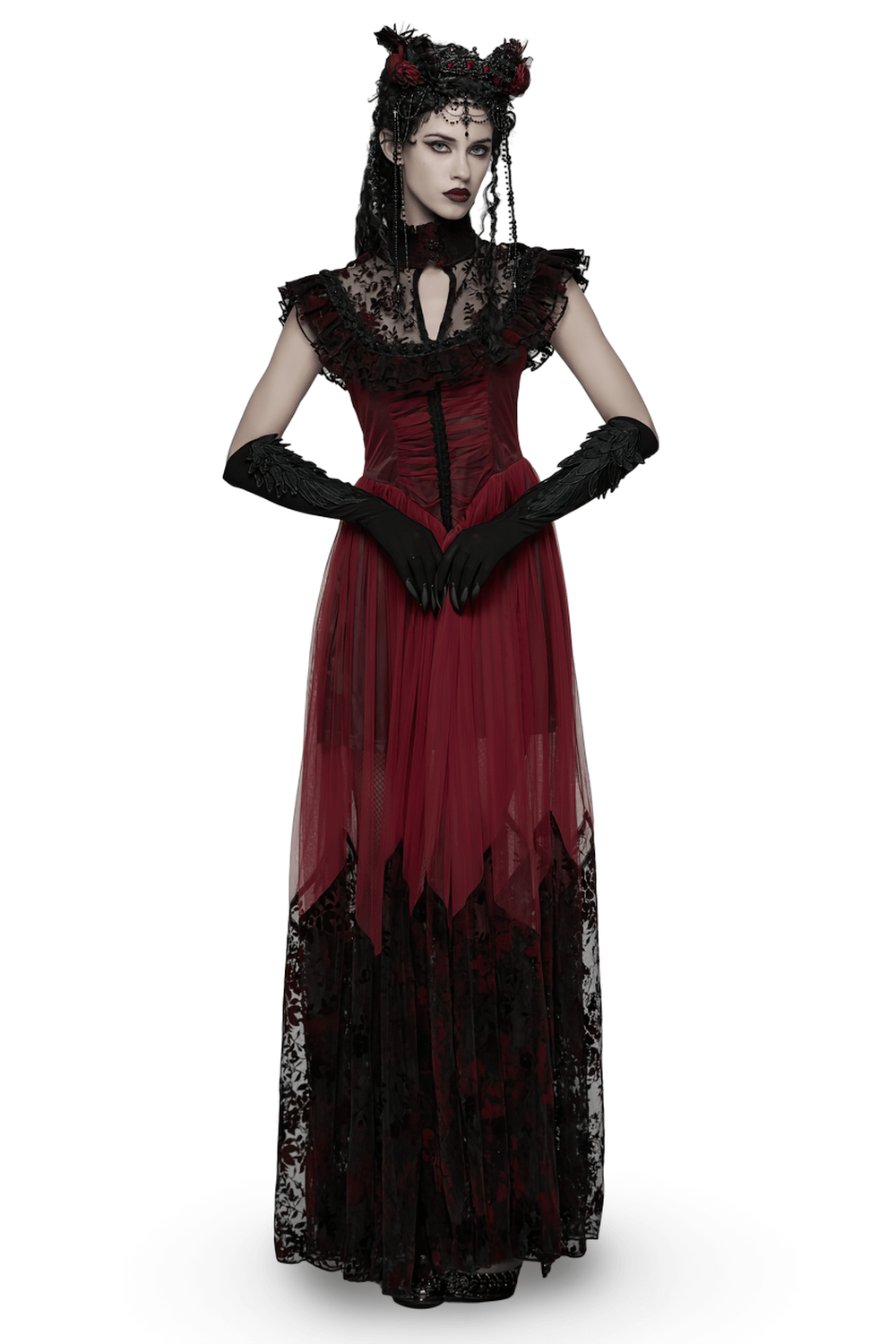 Gothic Red Lace and Mesh Flying Sleeve Maxi Dress