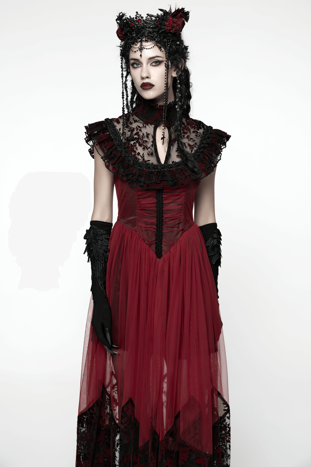 Gothic Red Lace and Mesh Flying Sleeve Maxi Dress