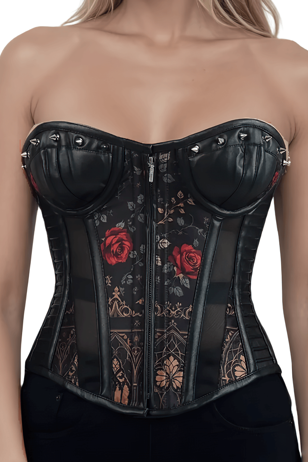 Gothic Red Rose Overbust Corset with Studded Details