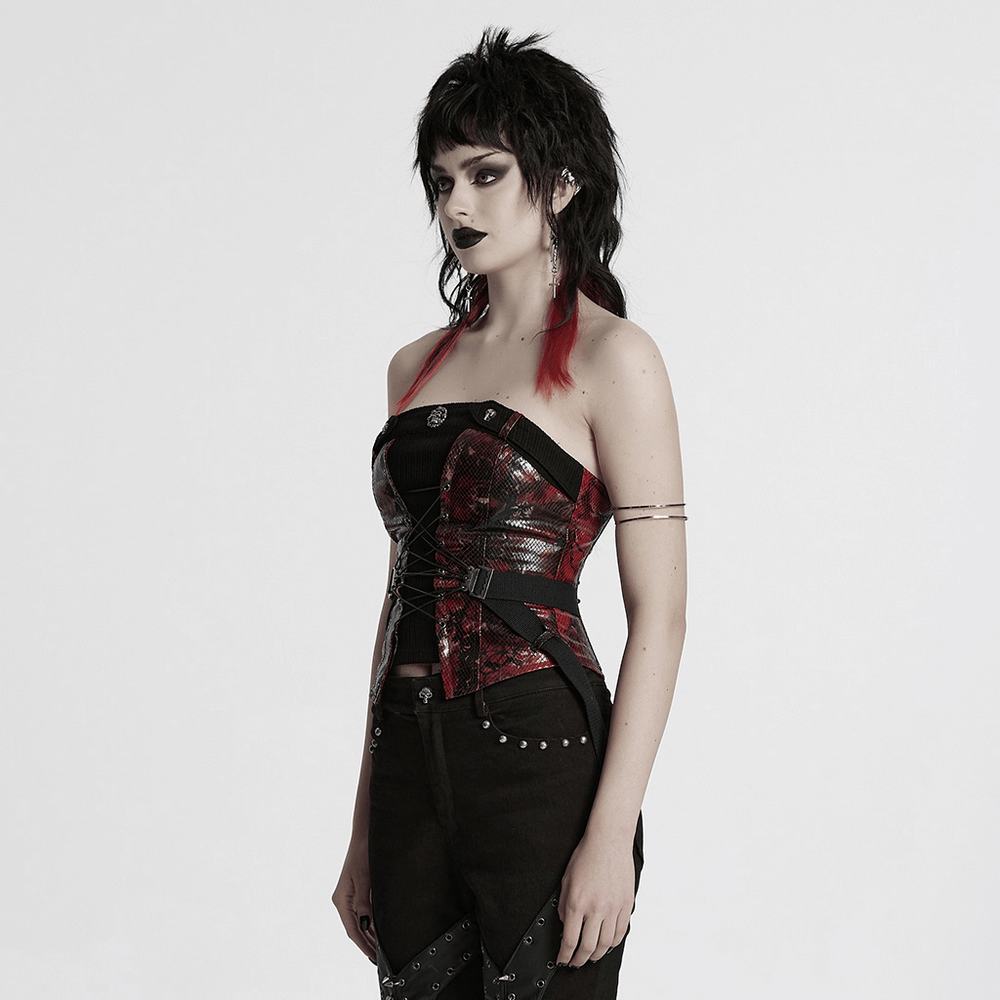 Gothic Red Snake Print Tube Top with Lace and Buckles