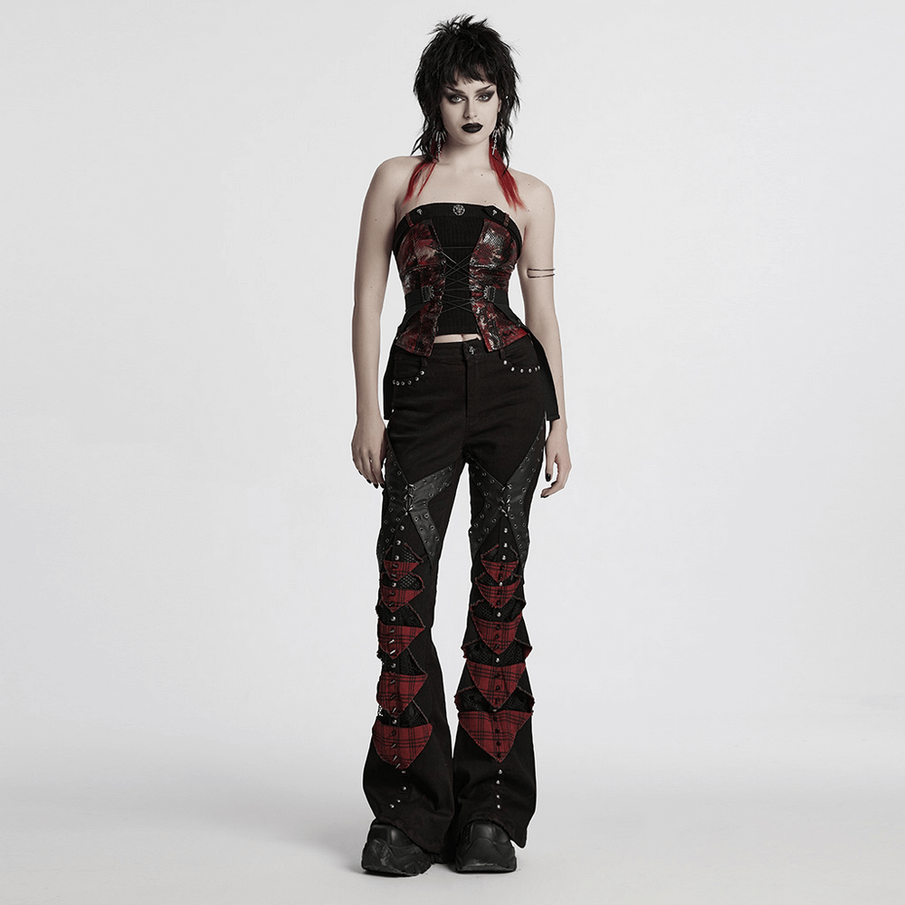 Gothic Red Snake Print Tube Top with Lace and Buckles