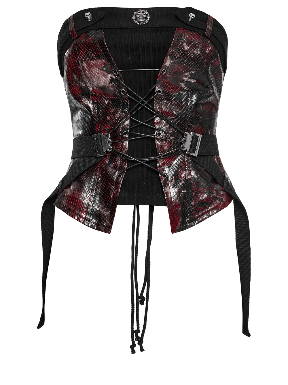 Gothic Red Snake Print Tube Top with Lace and Buckles