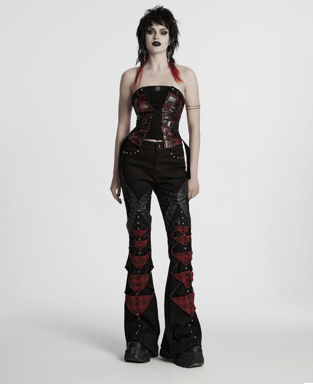 Gothic Red Snake Print Tube Top with Lace and Buckles