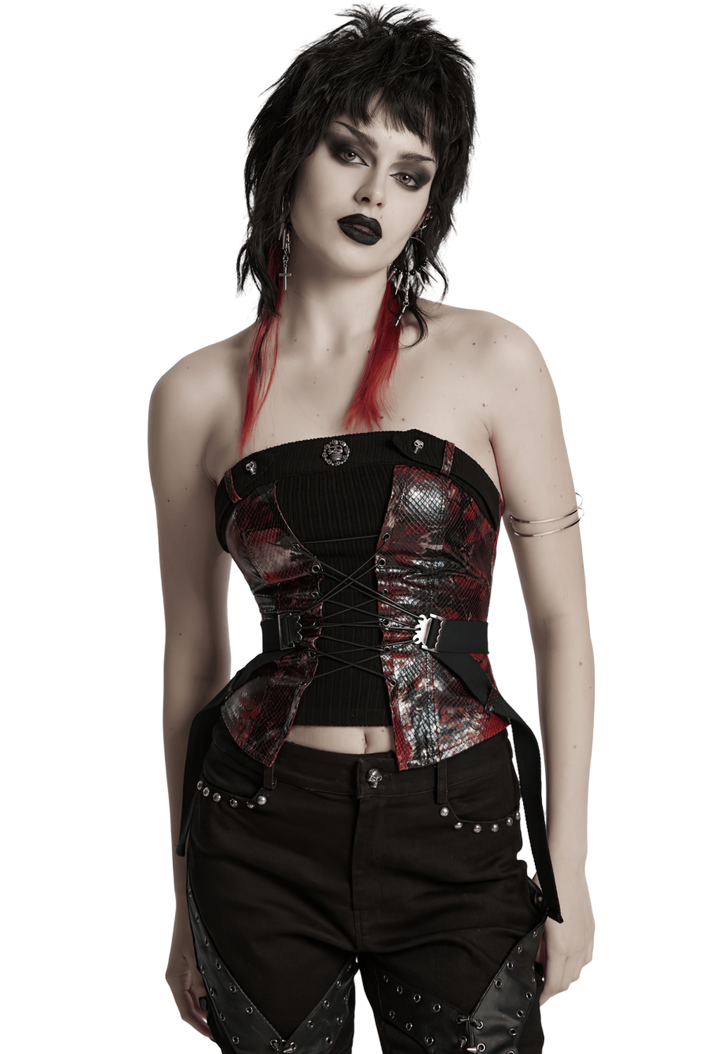 Gothic Red Snake Print Tube Top with Lace and Buckles
