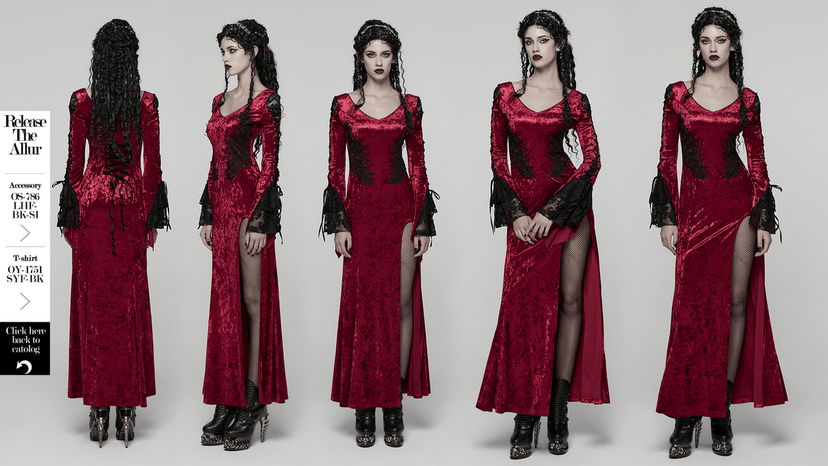 Gothic Red Velvet Dress with Lace-up Back and High Slit