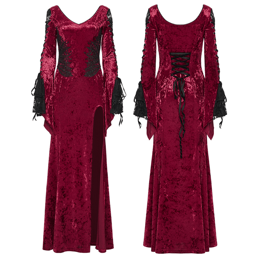 Gothic Red Velvet Dress with Lace-up Back and High Slit
