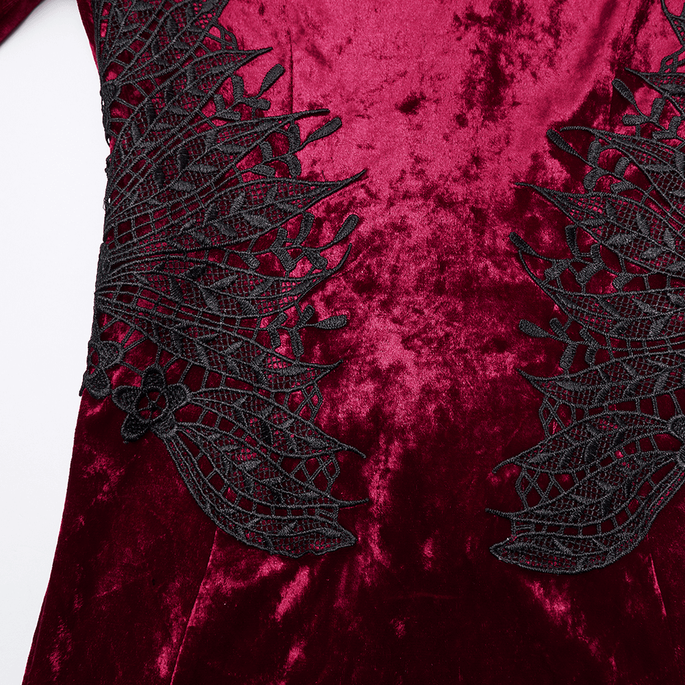 Gothic Red Velvet Dress with Lace-up Back and High Slit