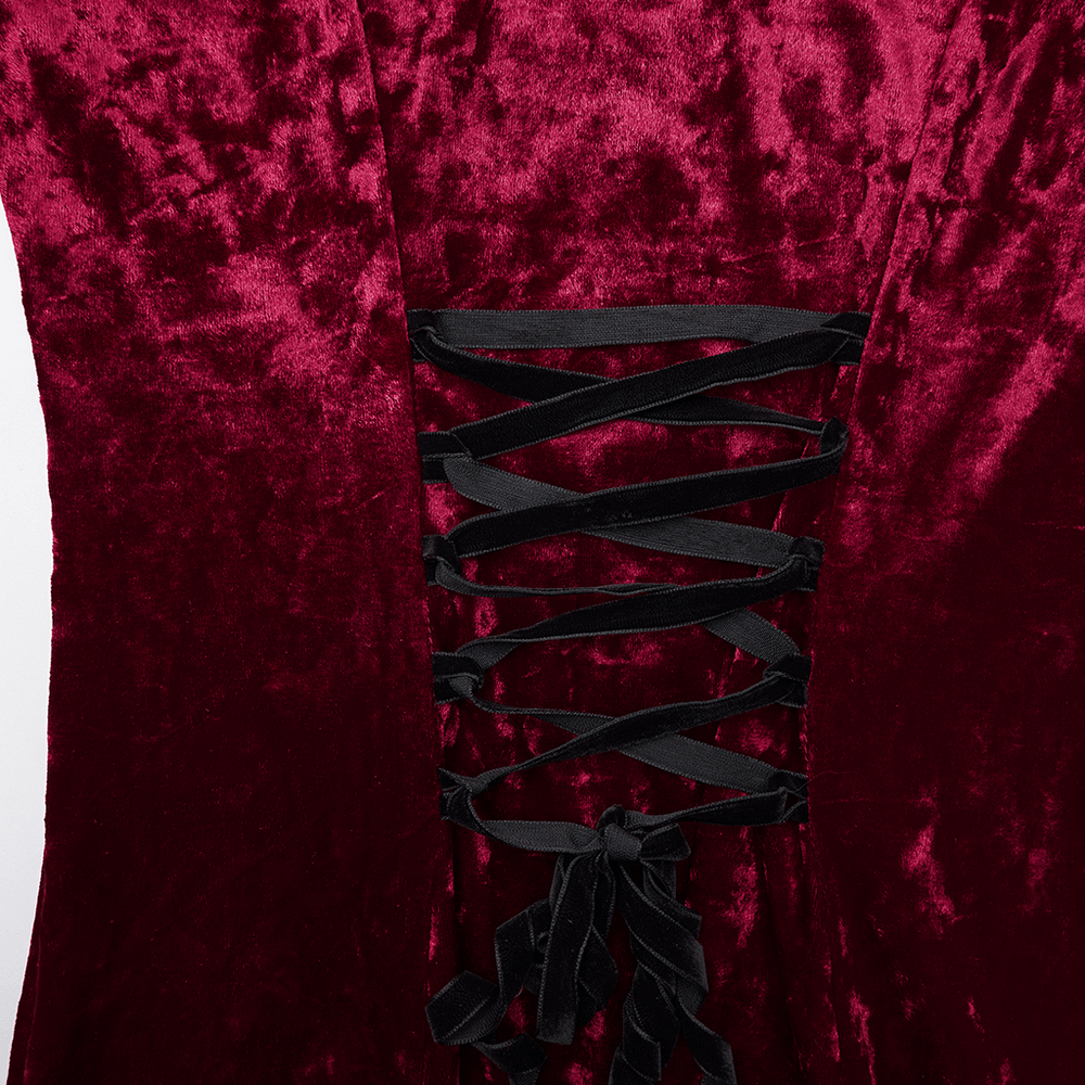Gothic Red Velvet Dress with Lace-up Back and High Slit