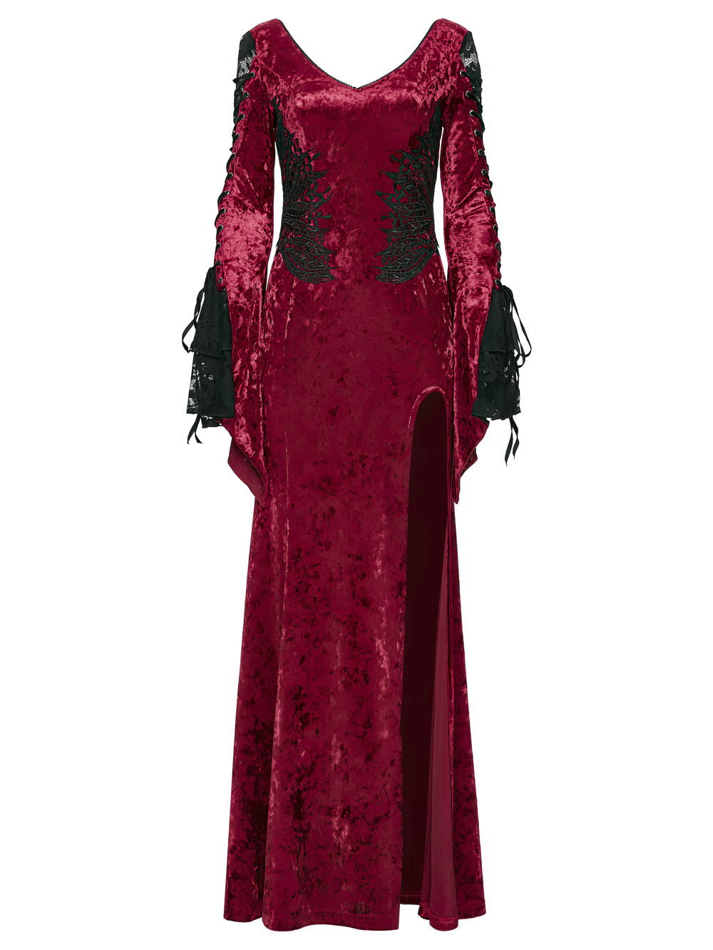 Gothic Red Velvet Dress with Lace-up Back and High Slit