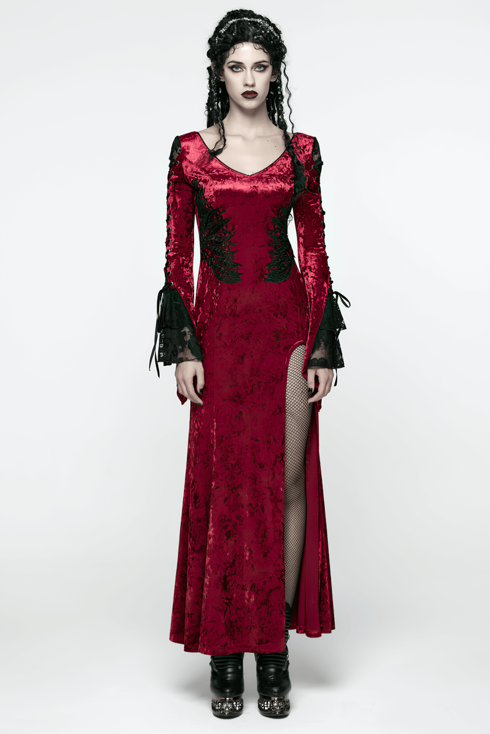 Gothic Red Velvet Dress with Lace-up Back and High Slit
