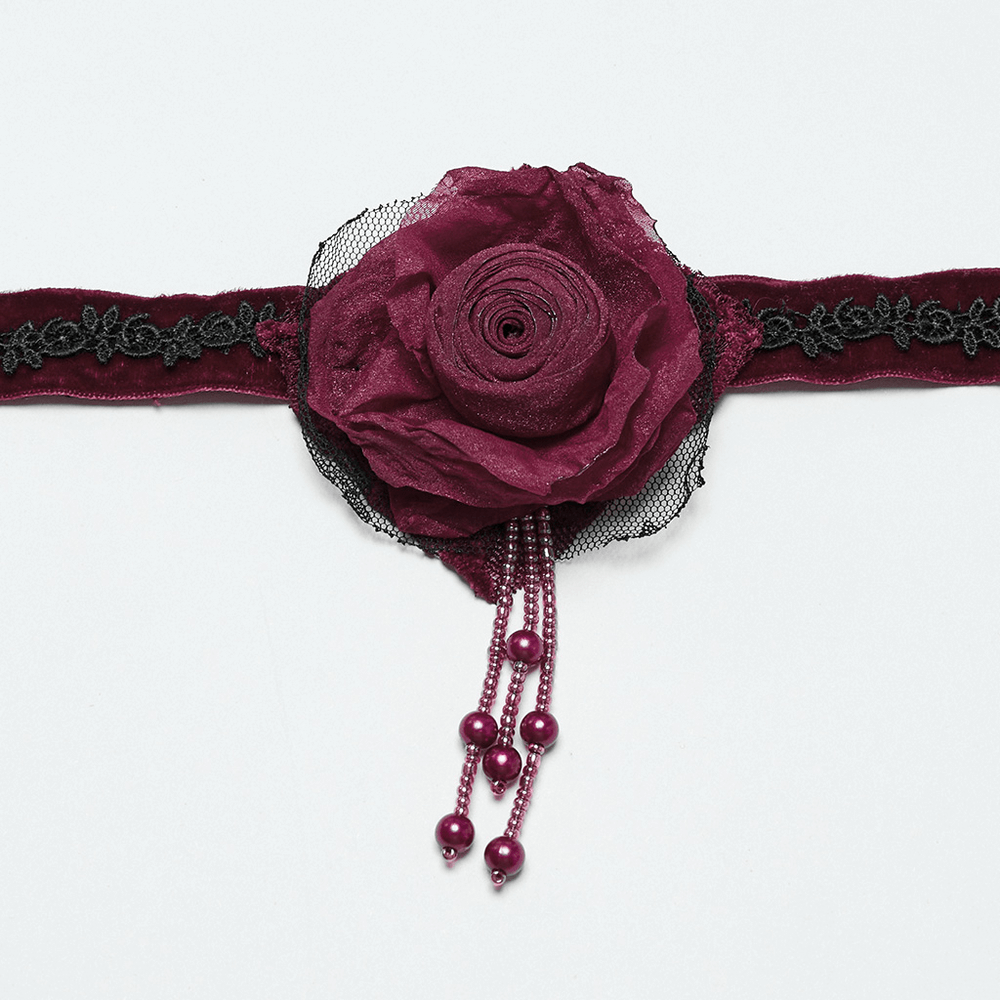 Gothic Rose and Bead Chain Choker with Lace Detail