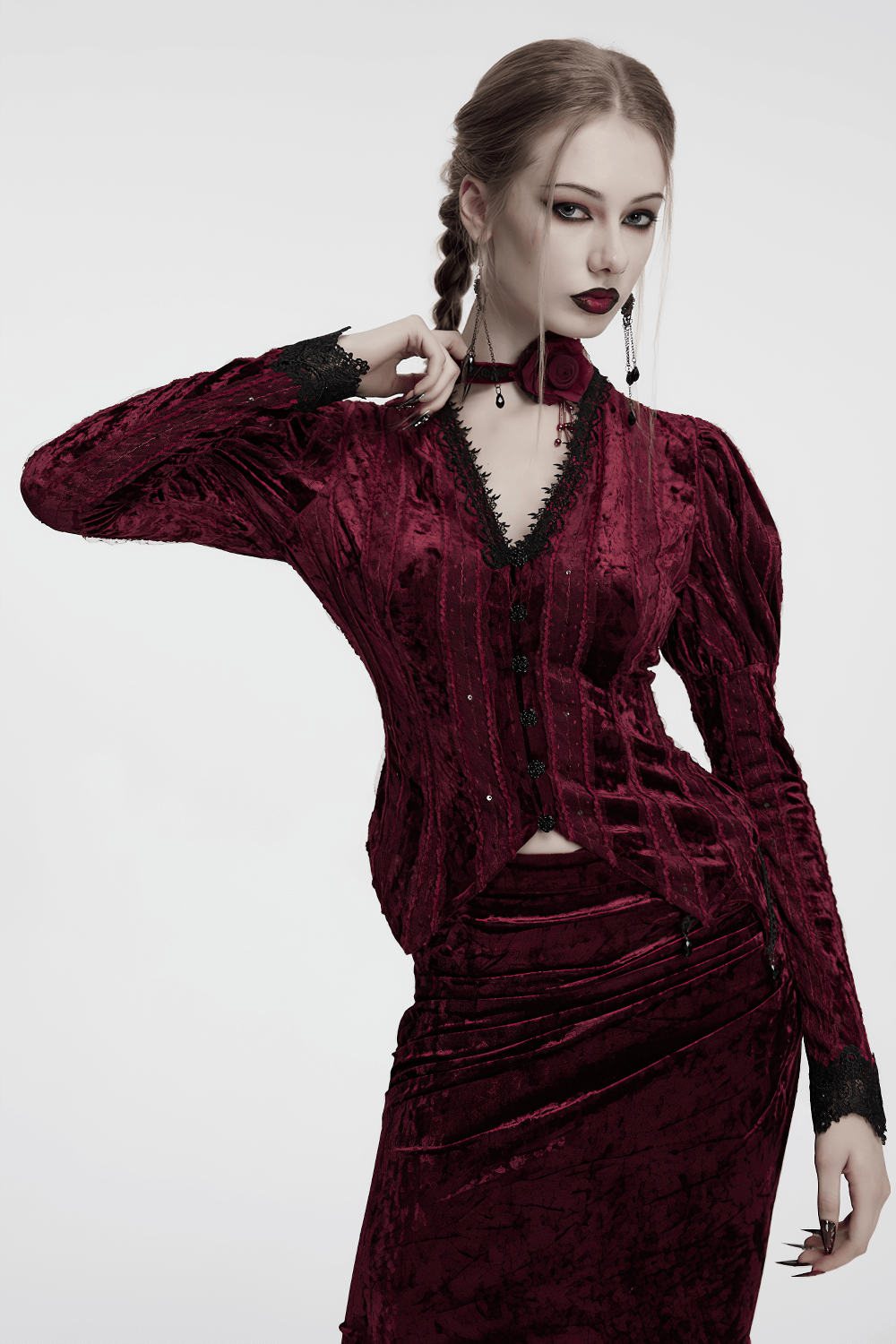 Gothic Rose and Bead Chain Choker with Lace Detail