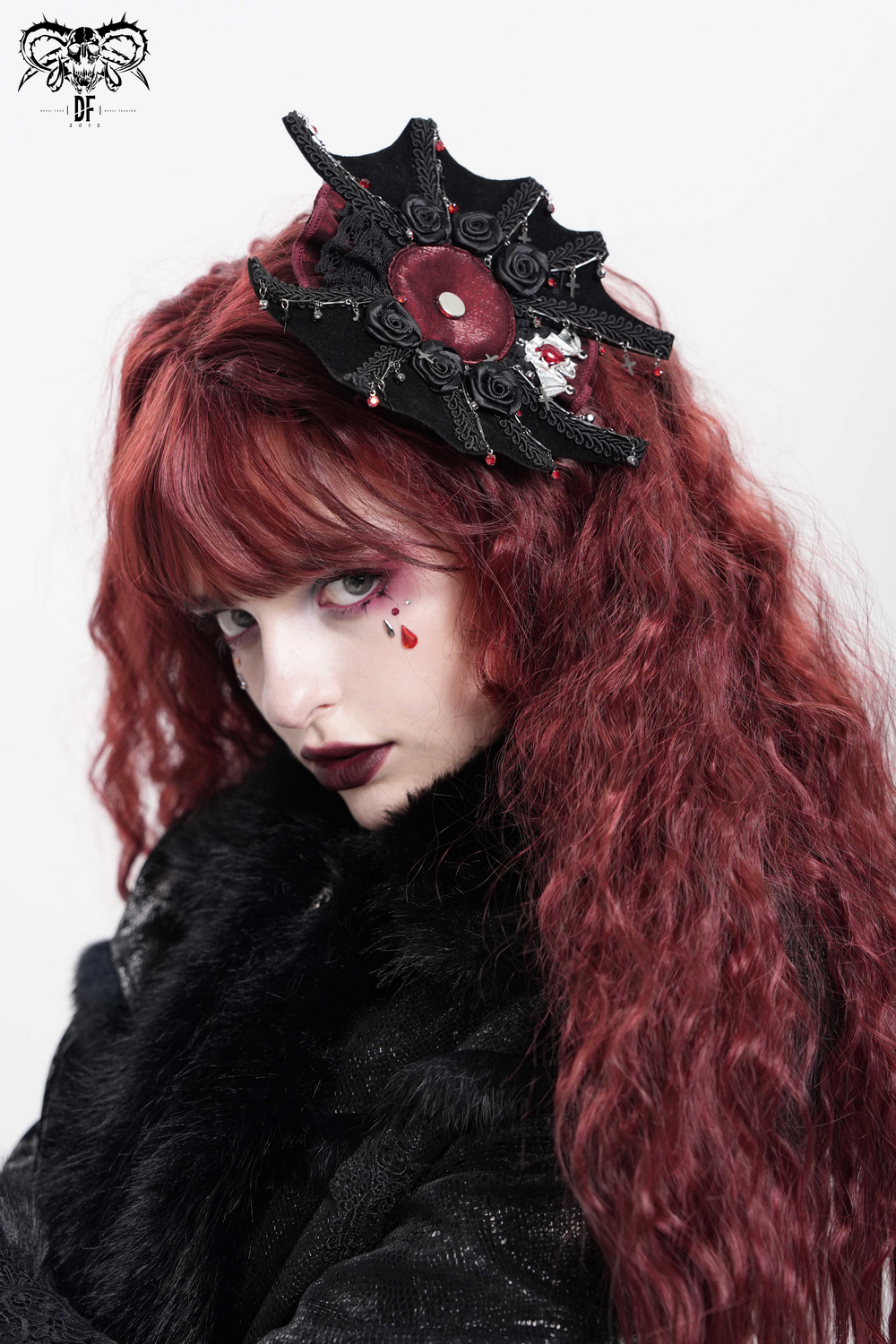 Gothic Rose Cross Hair Clip with Spider Web and Skull Detail
