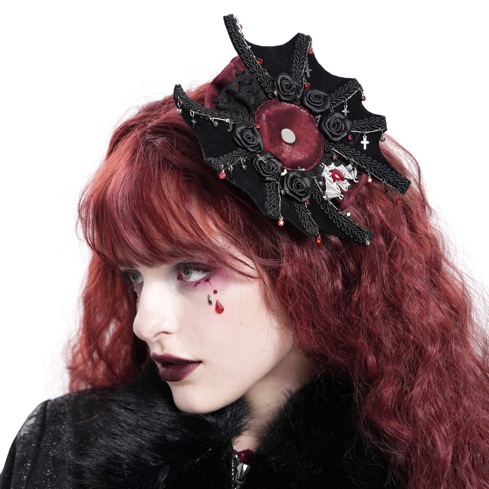 Gothic Rose Cross Hair Clip with Spider Web and Skull Detail
