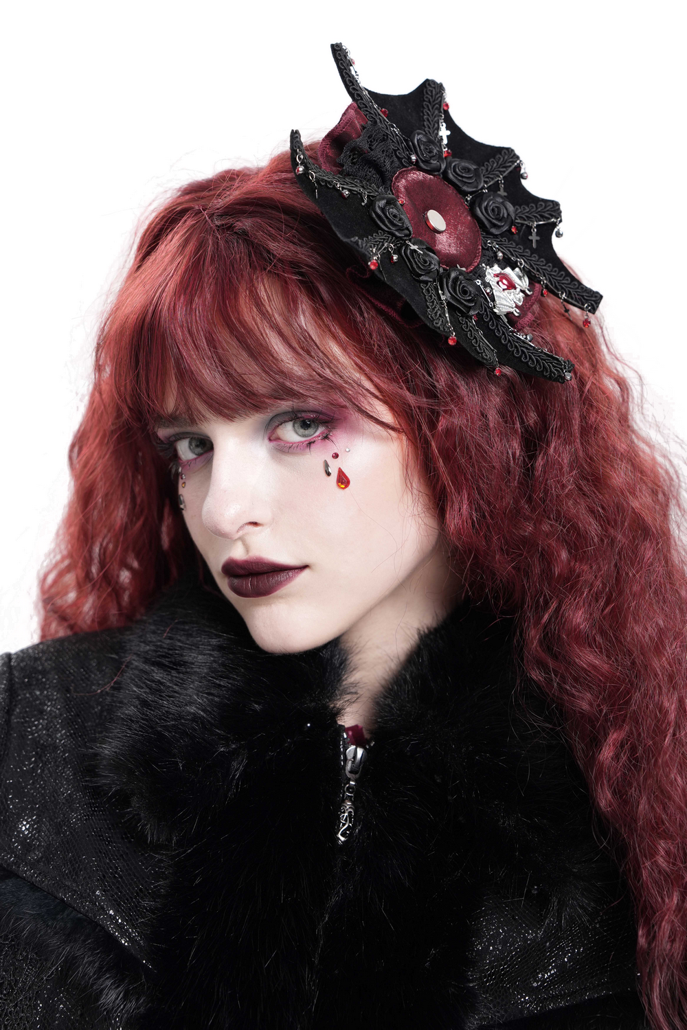 Gothic Rose Cross Hair Clip with Spider Web and Skull Detail