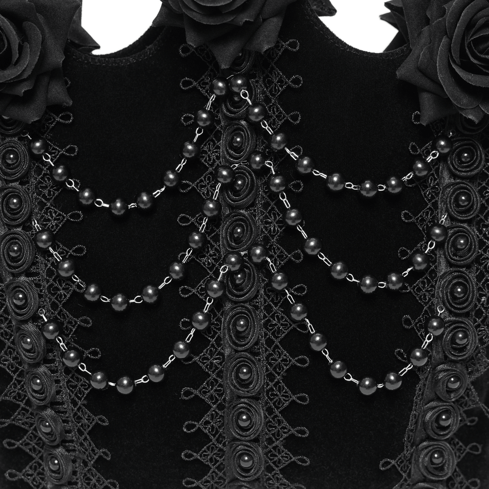 Gothic Rose Velvet Handbag with Pearl Chains and Lace