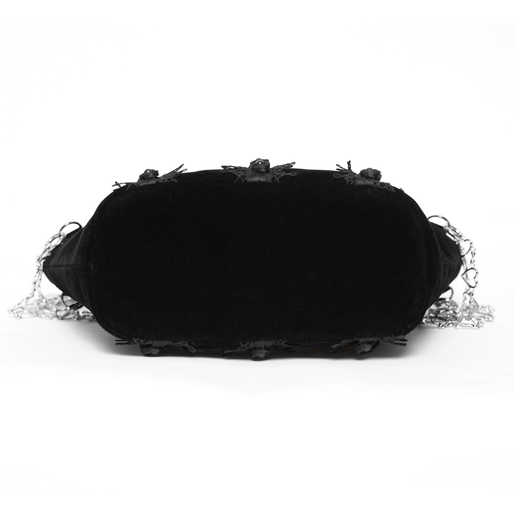 Gothic Rose Velvet Handbag with Pearl Chains and Lace