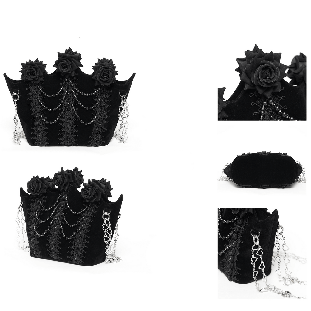 Gothic Rose Velvet Handbag with Pearl Chains and Lace