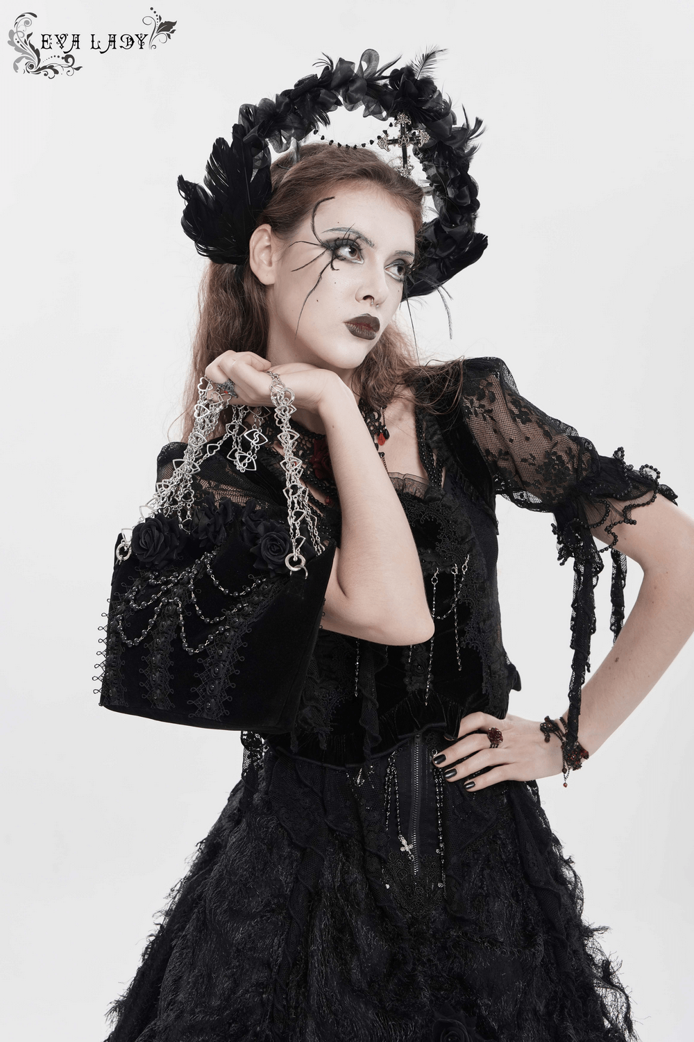 Gothic Rose Velvet Handbag with Pearl Chains and Lace