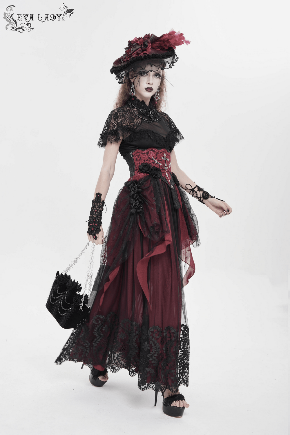 Gothic Rose Velvet Handbag with Pearl Chains and Lace