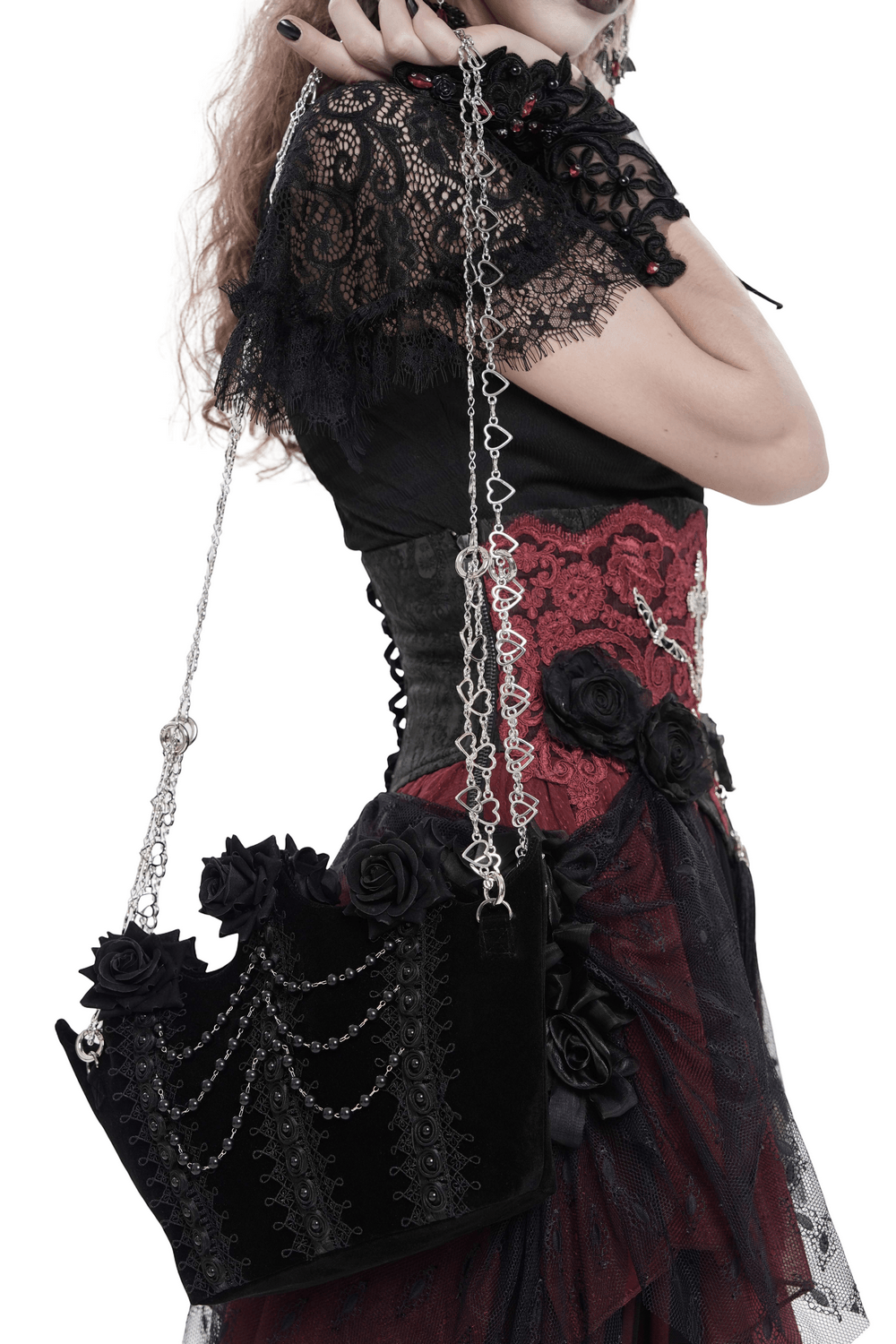 Gothic Rose Velvet Handbag with Pearl Chains and Lace