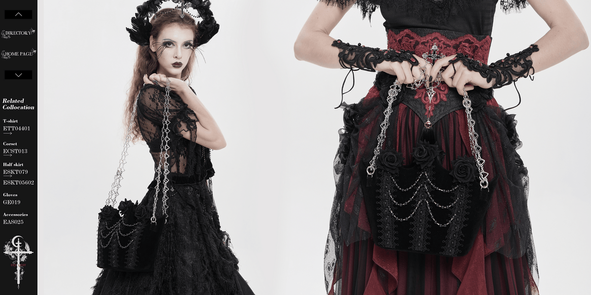Gothic Rose Velvet Handbag with Pearl Chains and Lace