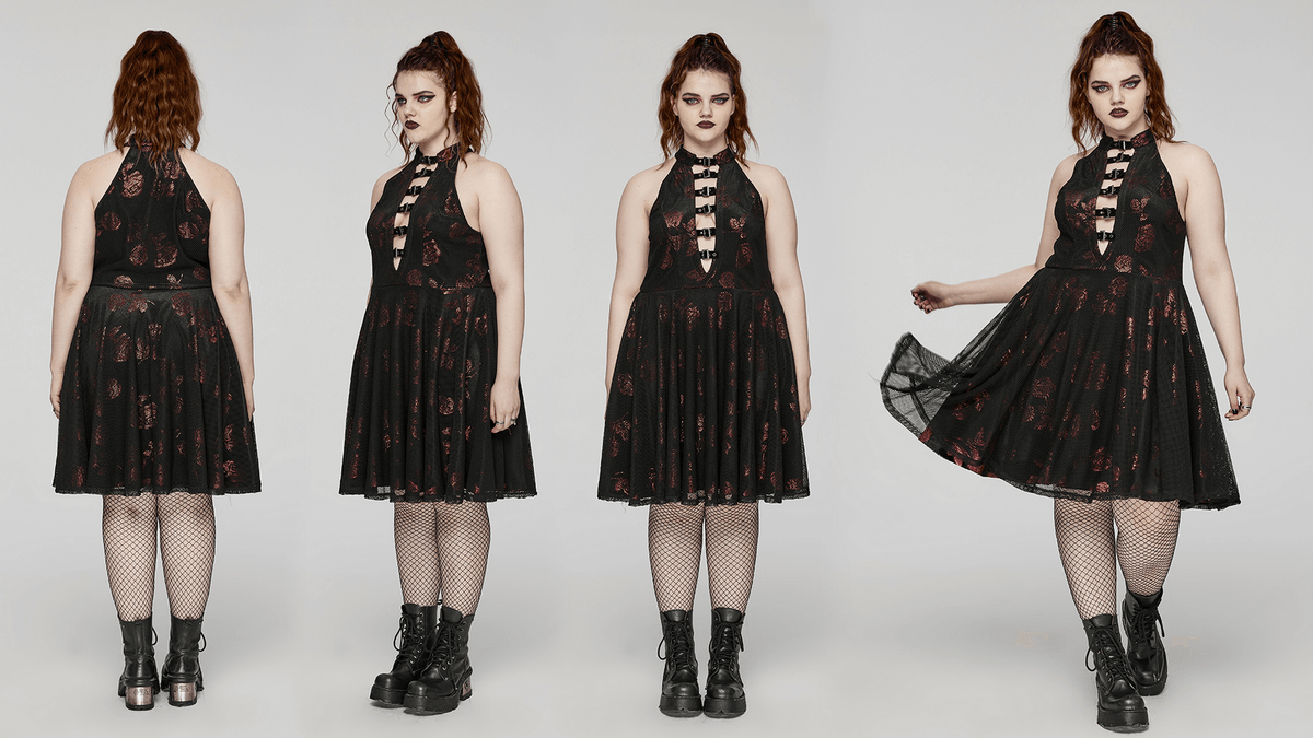 Gothic Roses A-Line Design Dress with V-Neck and Buckles