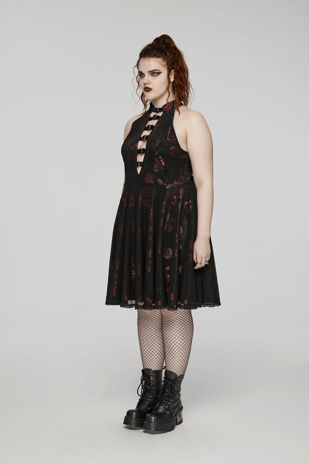 Gothic Roses A-Line Design Dress with V-Neck and Buckles