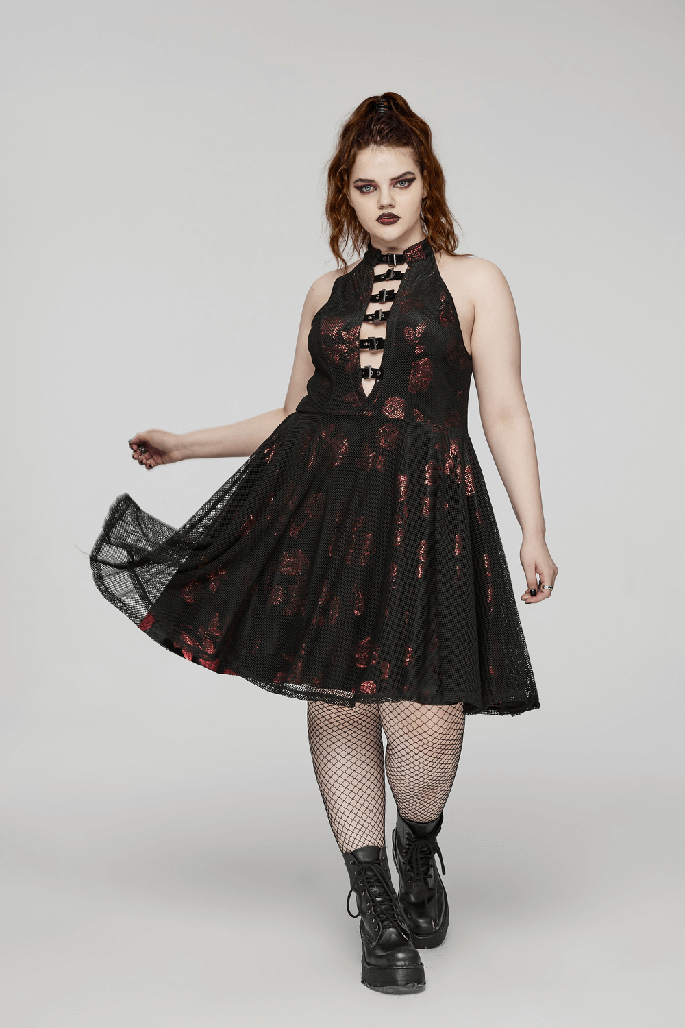 Gothic Roses A-Line Design Dress with V-Neck and Buckles