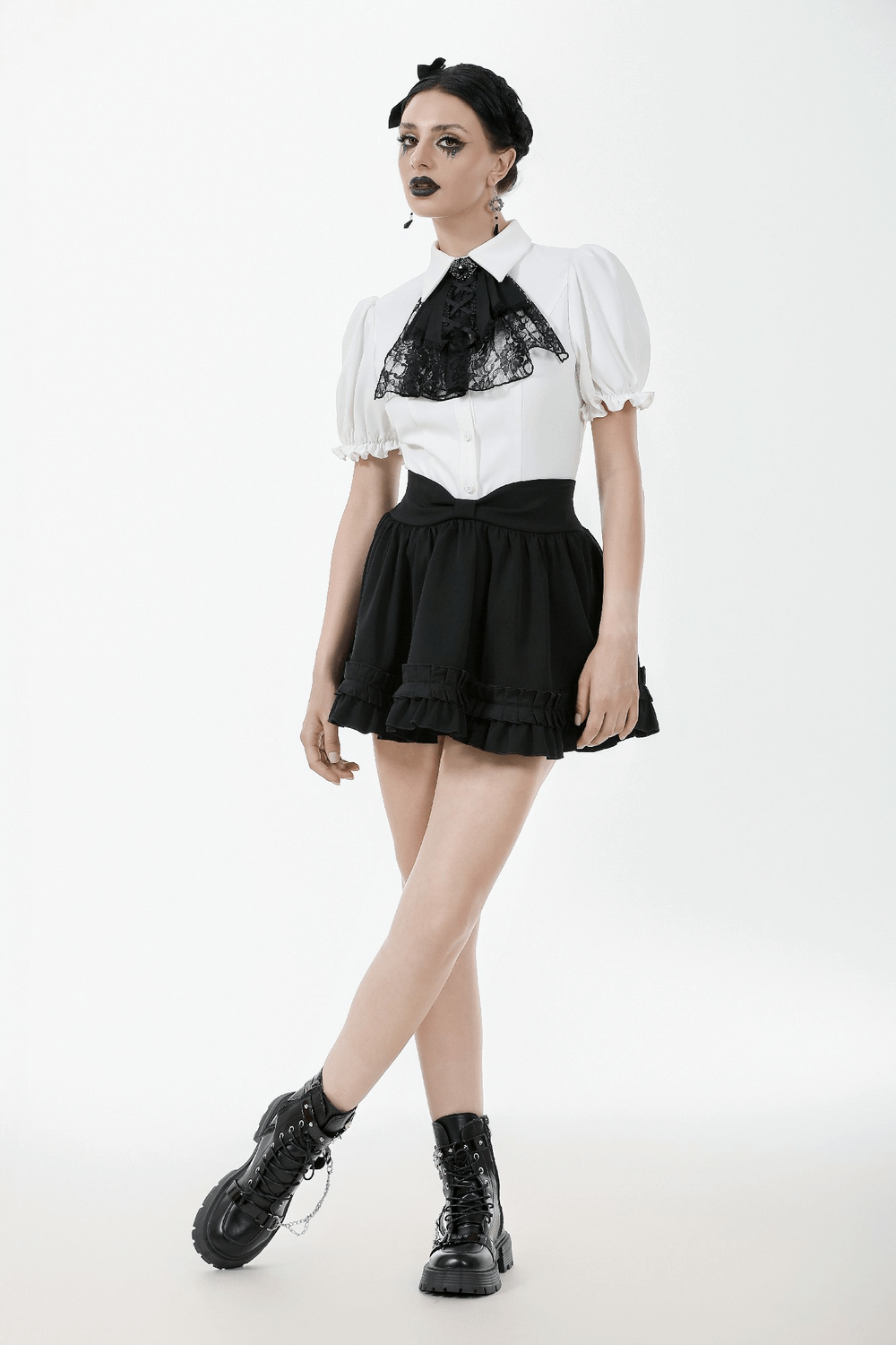 Gothic Ruffle Mini Skirt with Bow and Satin Layers