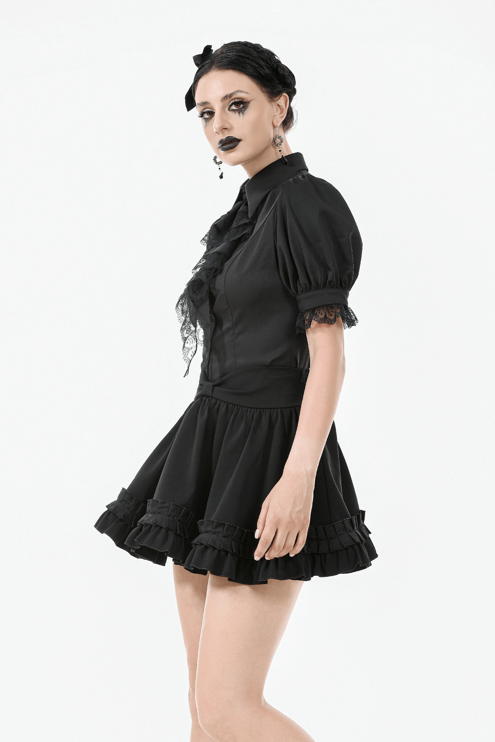 Gothic Ruffle Mini Skirt with Bow and Satin Layers