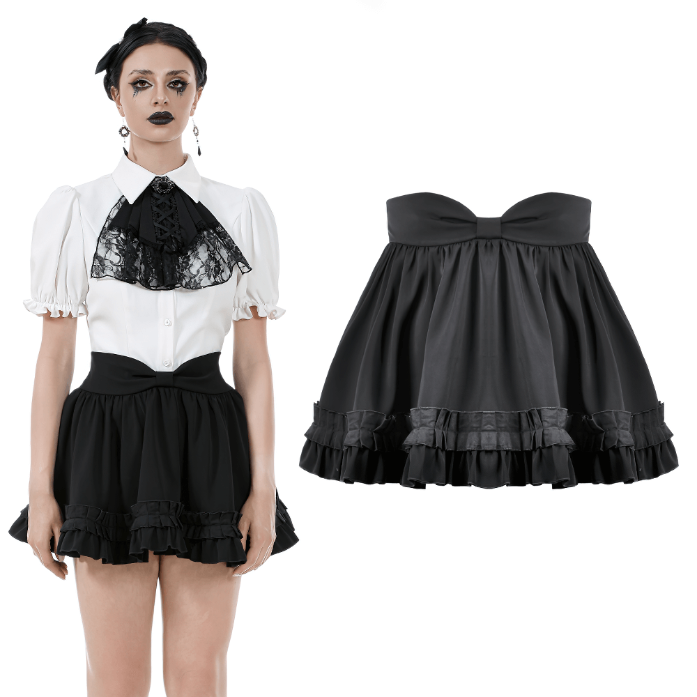 Gothic Ruffle Mini Skirt with Bow and Satin Layers