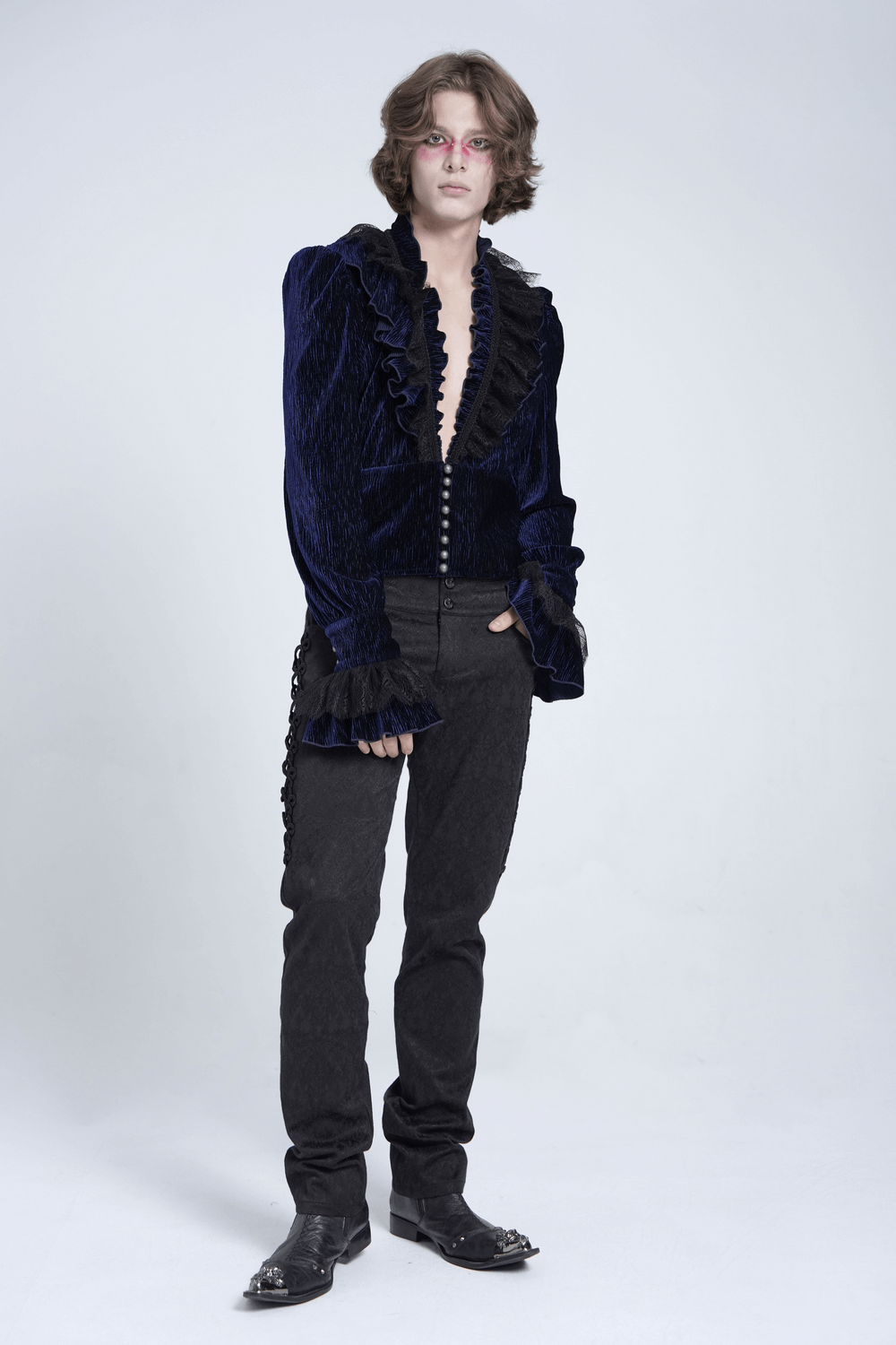 Gothic Ruffled Velvet Shirt with Lace and Pearls