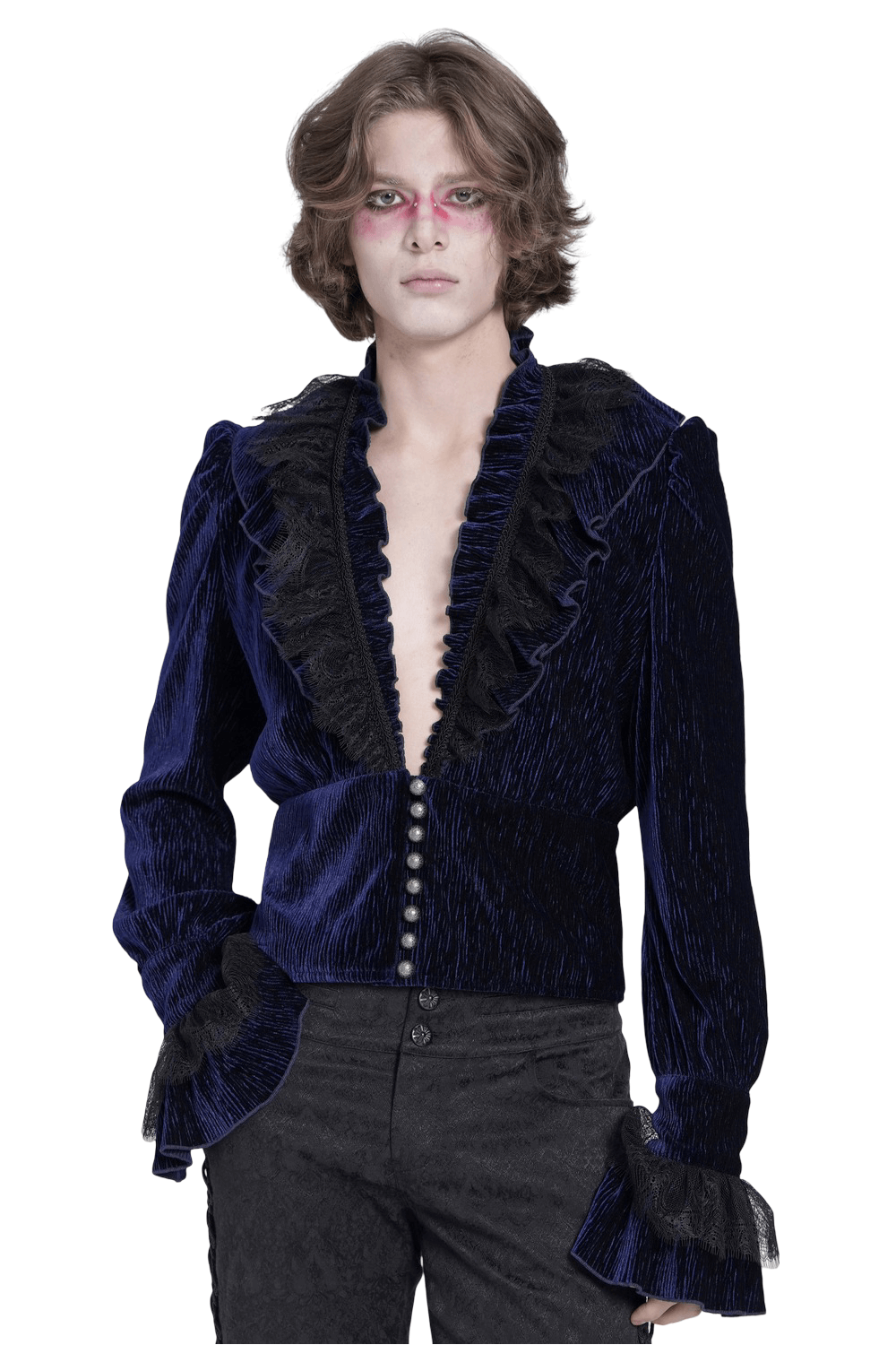 Gothic Ruffled Velvet Shirt with Lace and Pearls