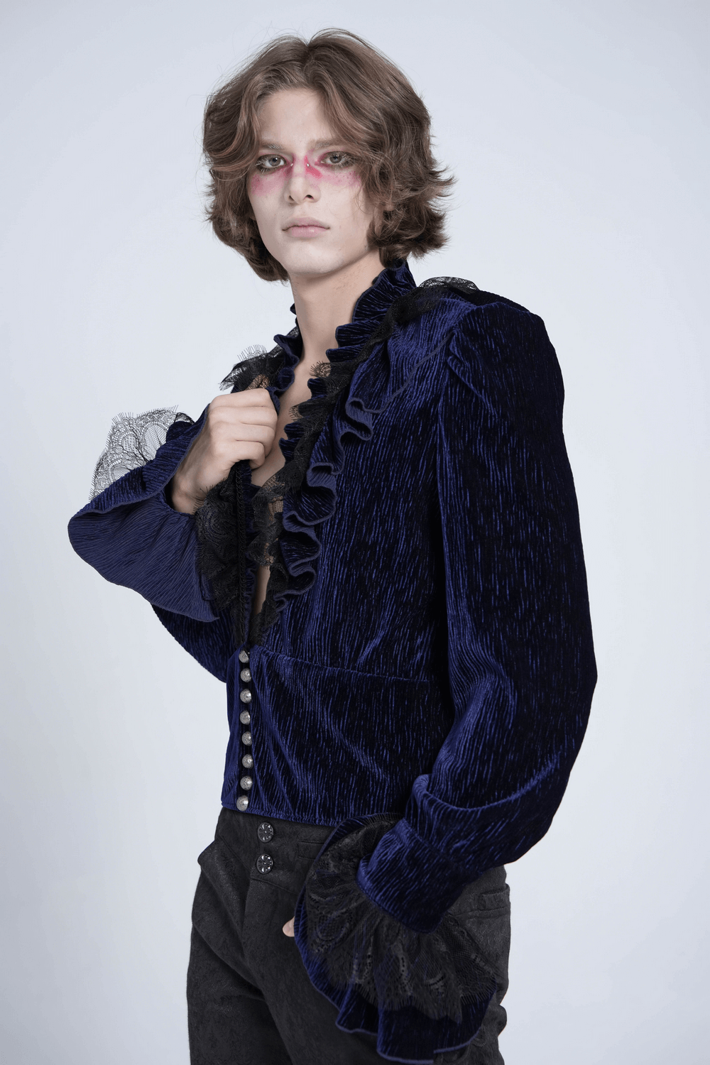 Gothic Ruffled Velvet Shirt with Lace and Pearls
