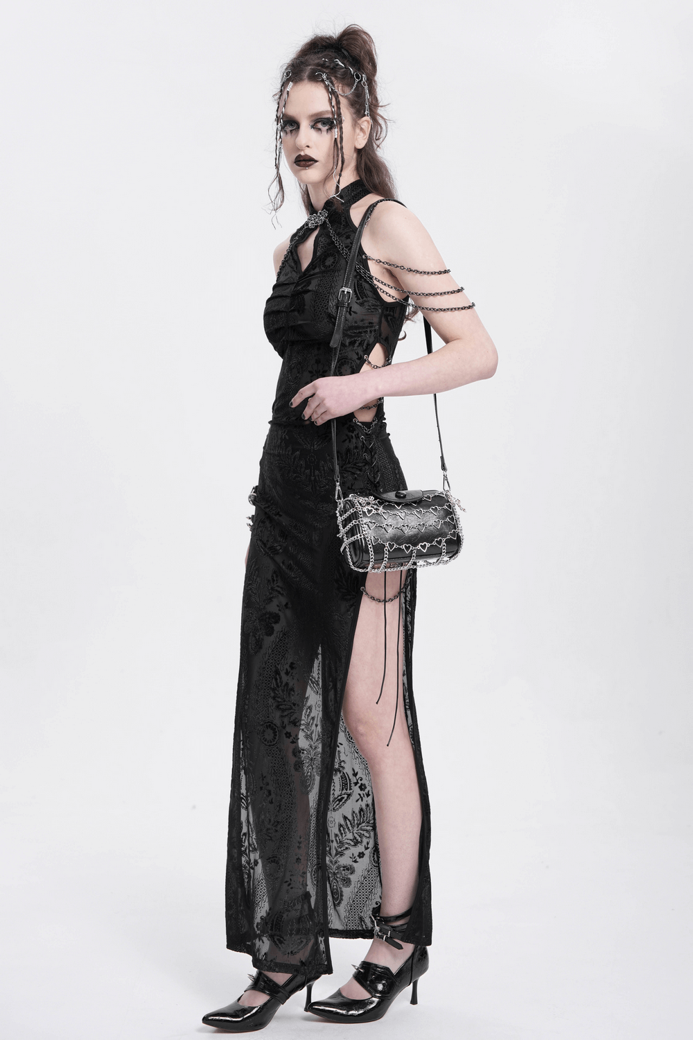 Gothic Sheer Black Dress with Chain Shoulder Detail