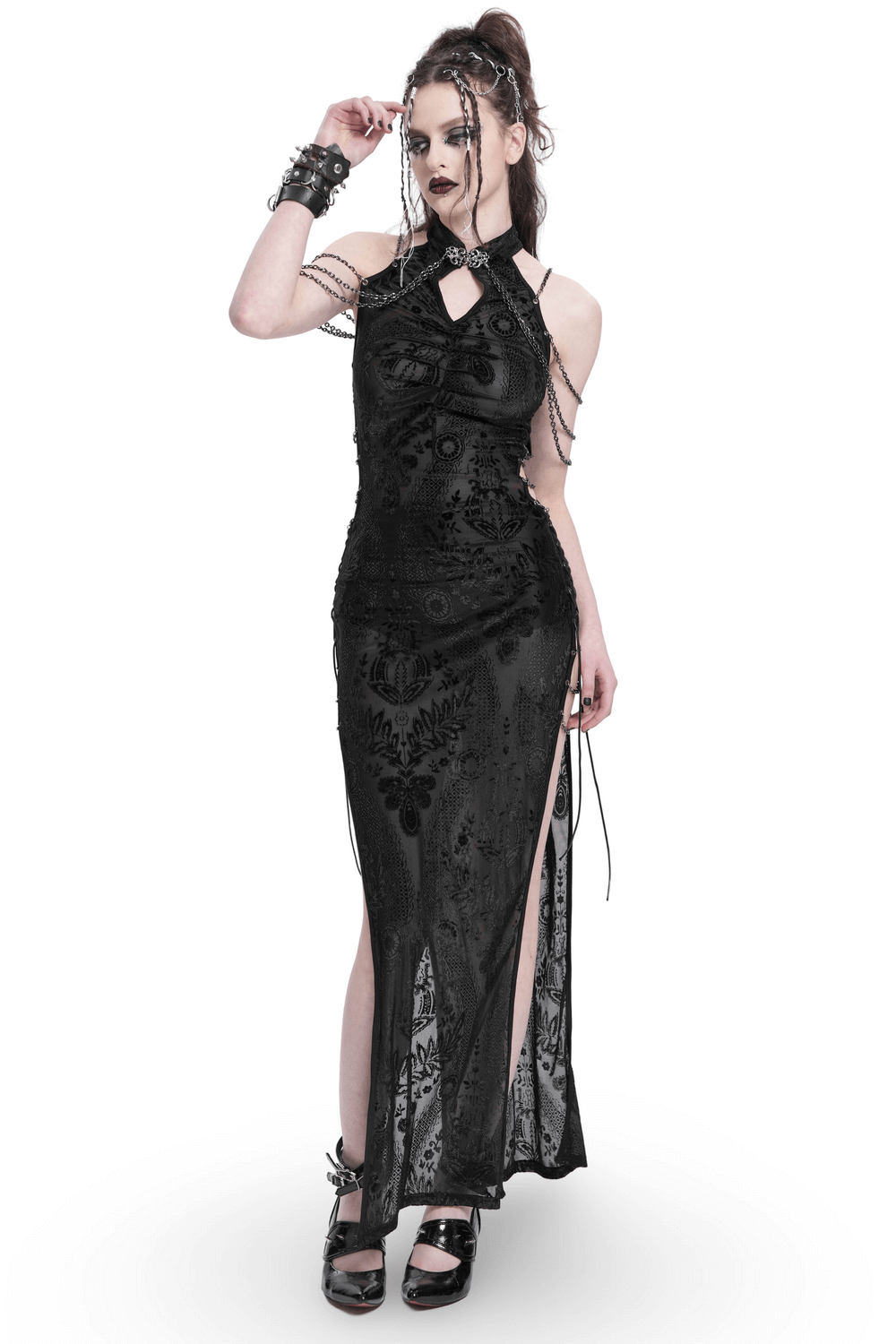 Gothic Sheer Black Dress with Chain Shoulder Detail