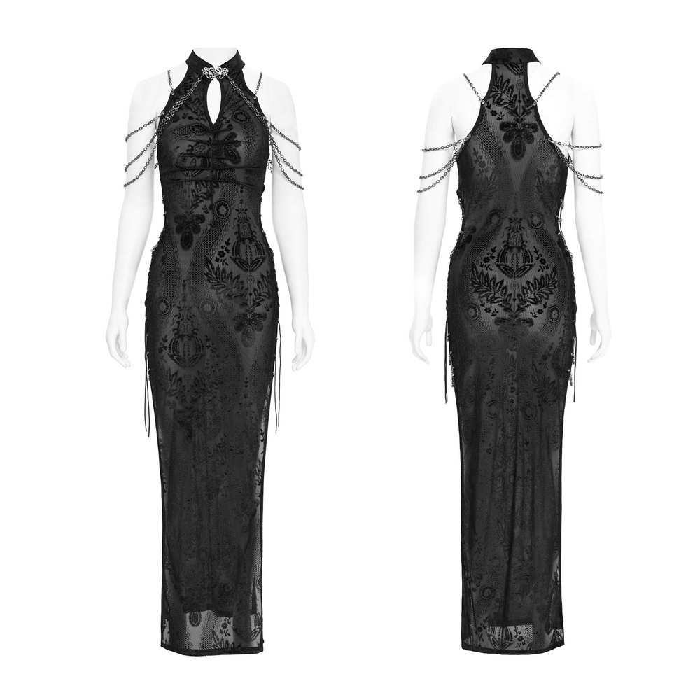 Gothic Sheer Black Dress with Chain Shoulder Detail