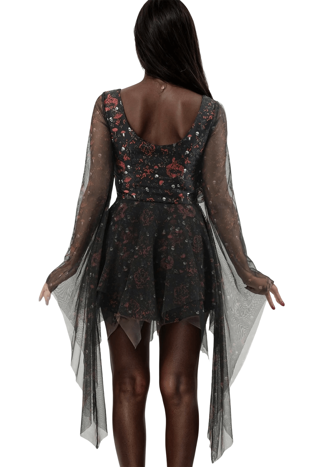 Gothic Skull and Floral Mini Dress with Sheer Mesh Sleeves