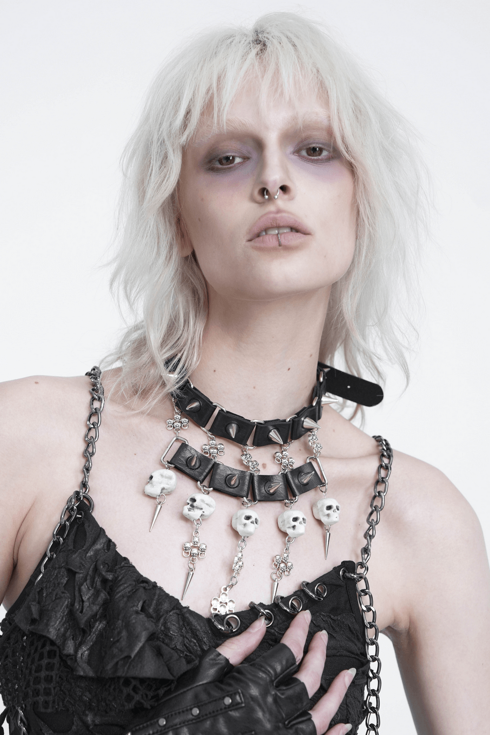 Gothic Skull Black Choker with Spikes and Chains