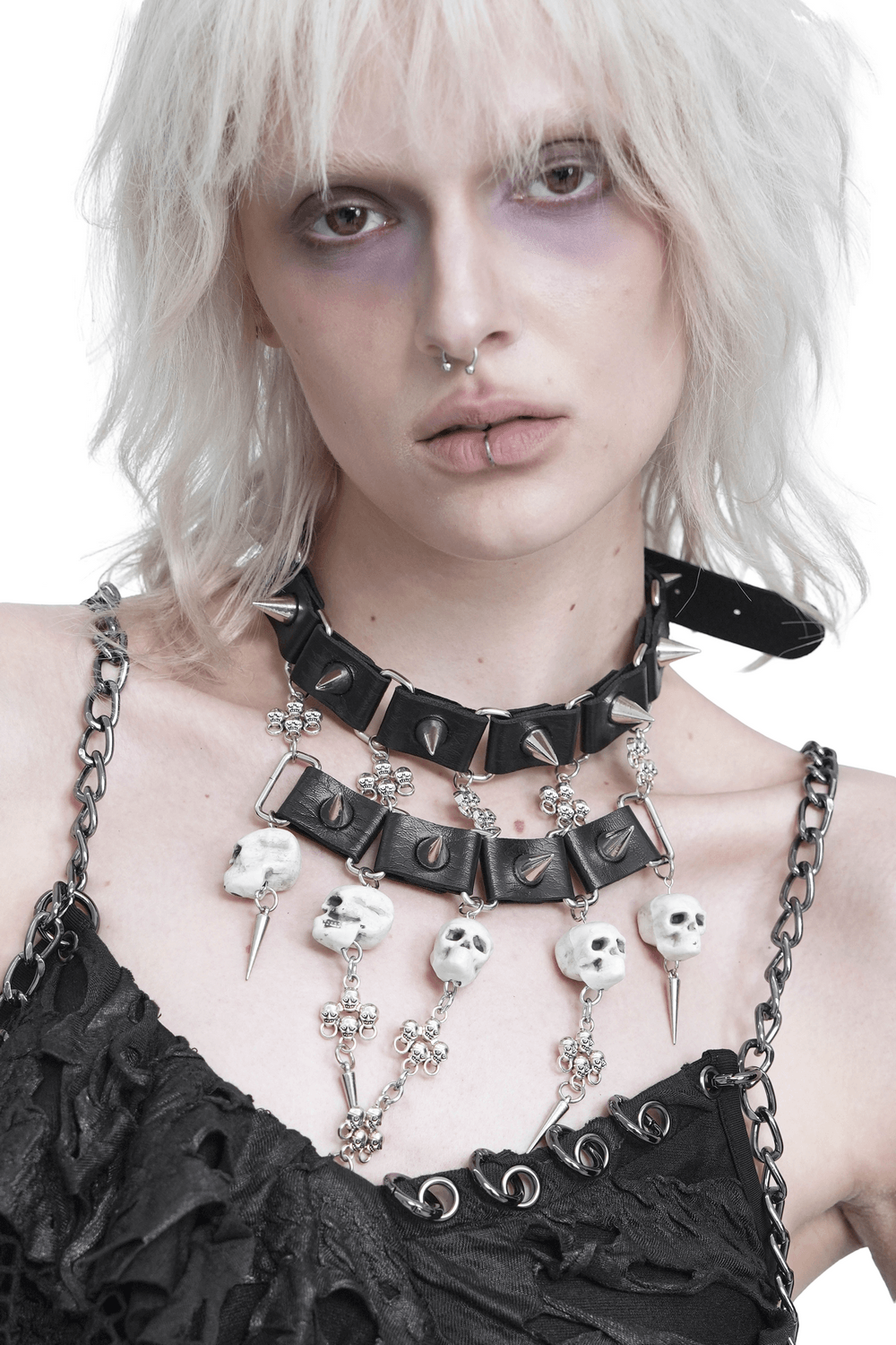 Gothic Skull Black Choker with Spikes and Chains