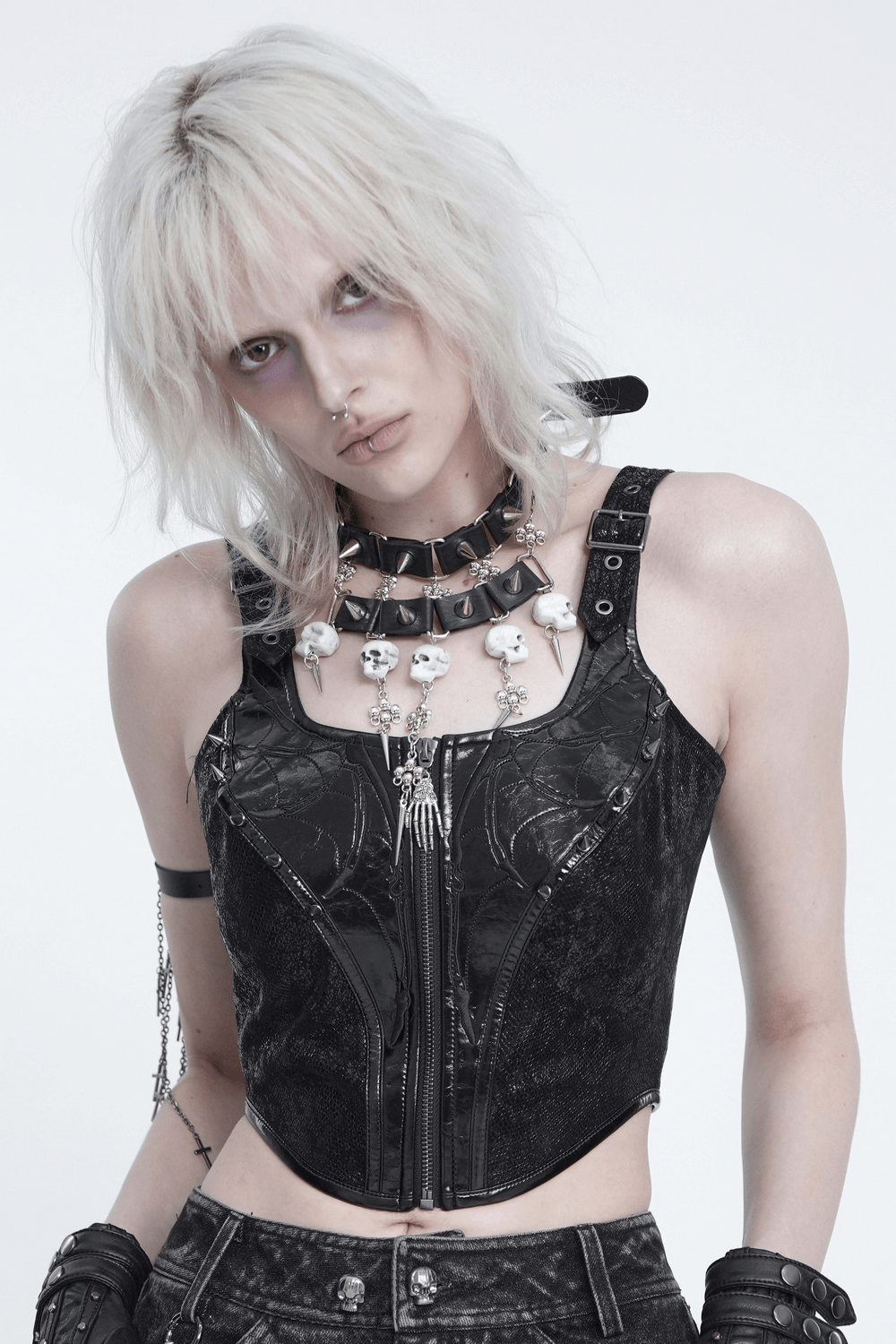 Gothic Skull Black Choker with Spikes and Chains