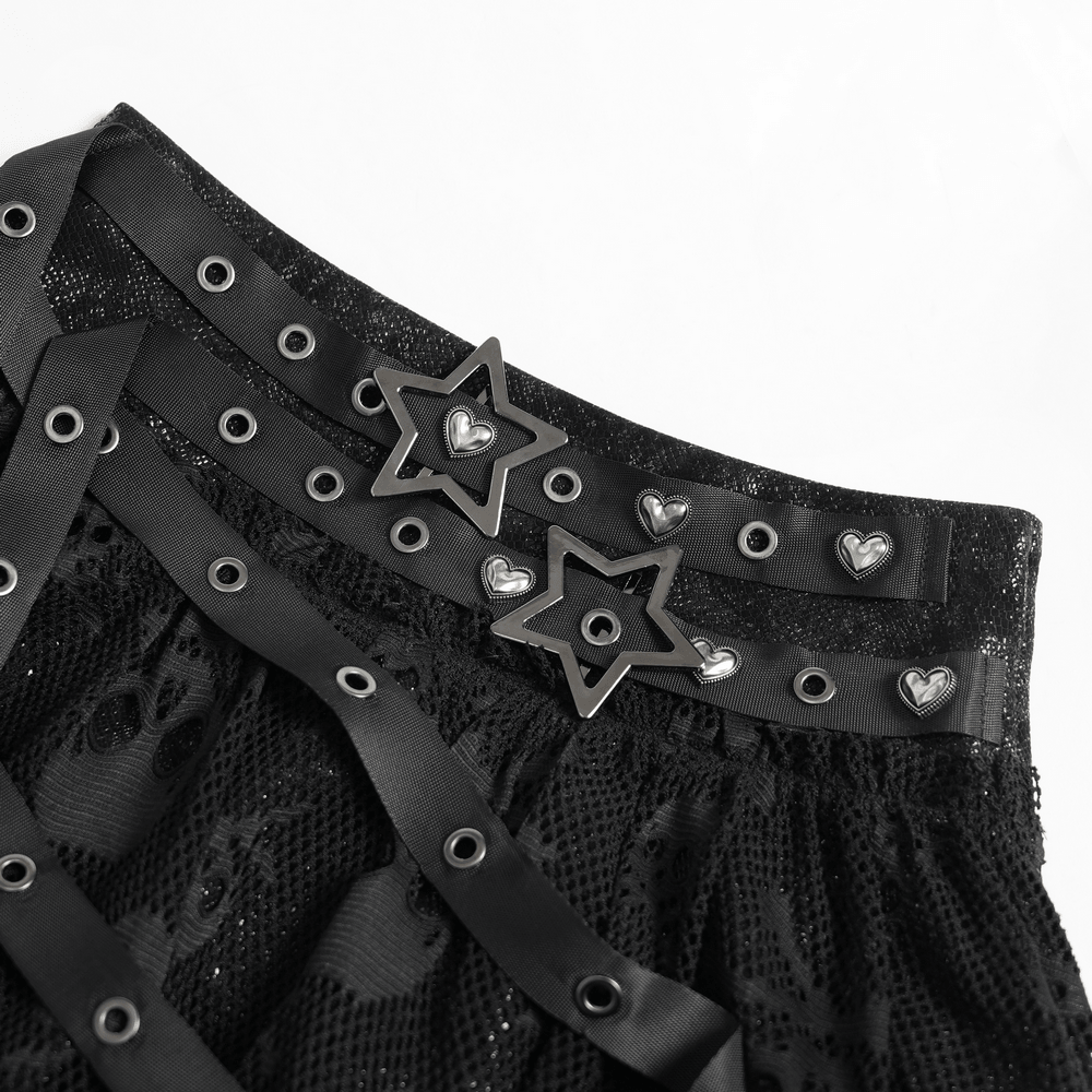 Gothic Skull Lace Mini Skirt with Strap Details
