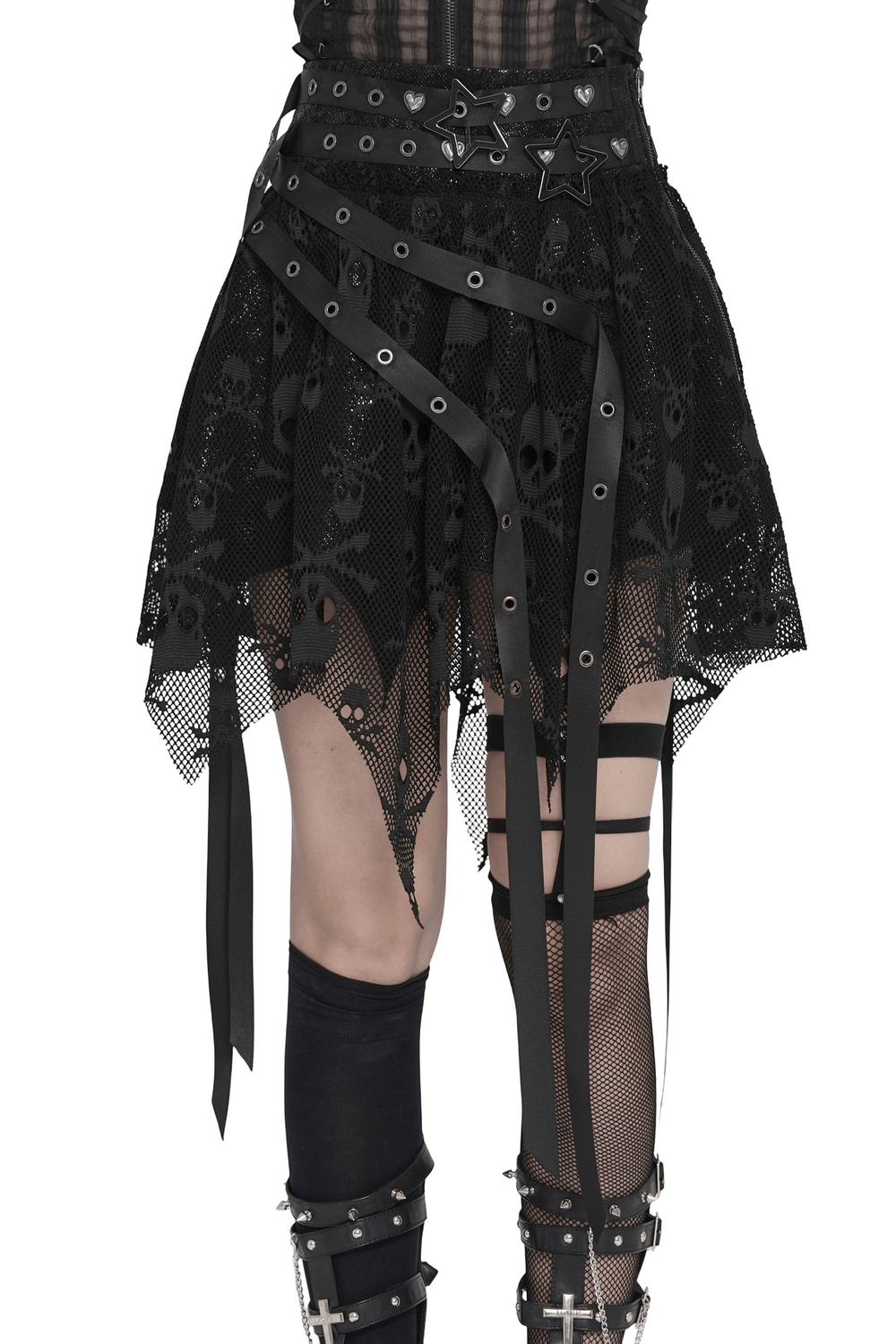Gothic Skull Lace Mini Skirt with Strap Details