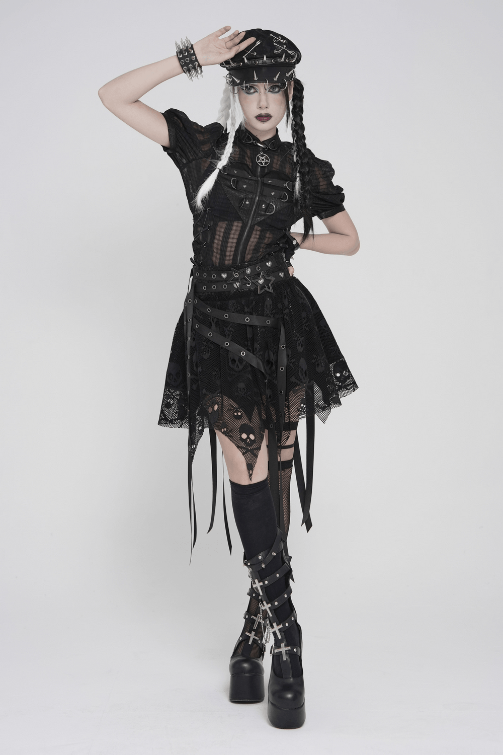 Gothic Skull Lace Mini Skirt with Strap Details