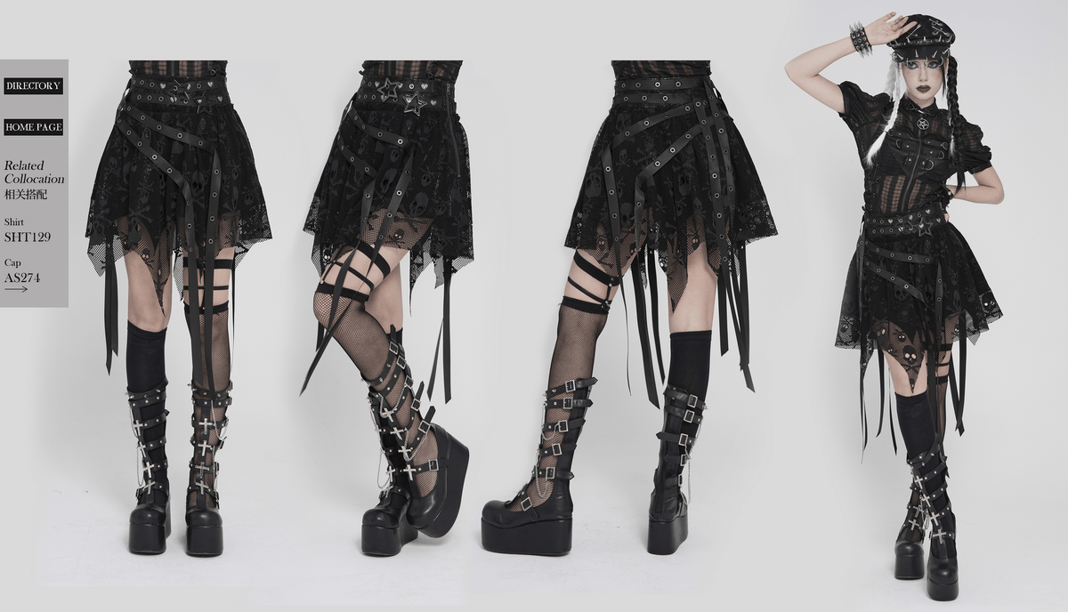 Gothic Skull Lace Mini Skirt with Strap Details