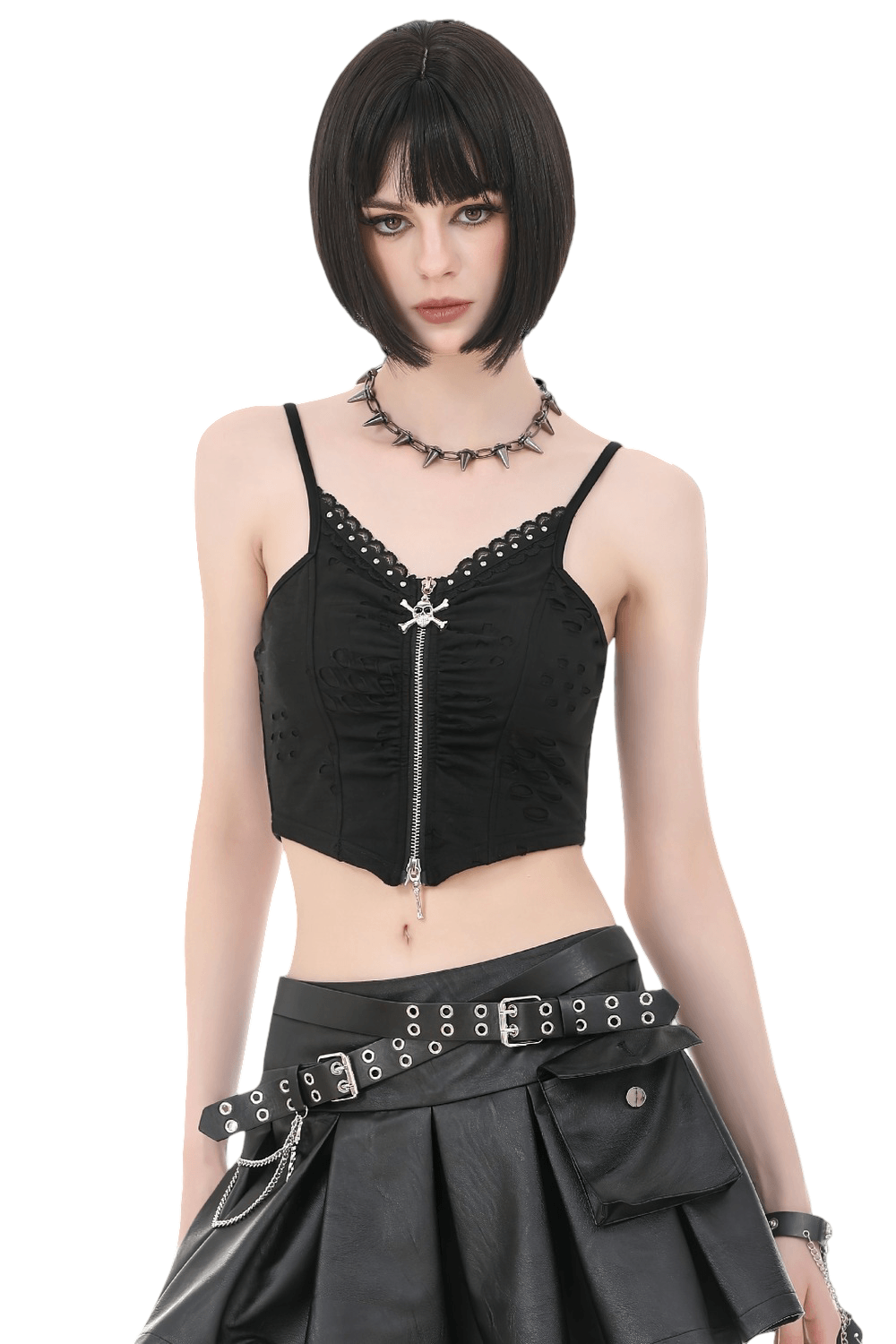 Gothic Skull Zip Ruched Crop Cami Top for Women