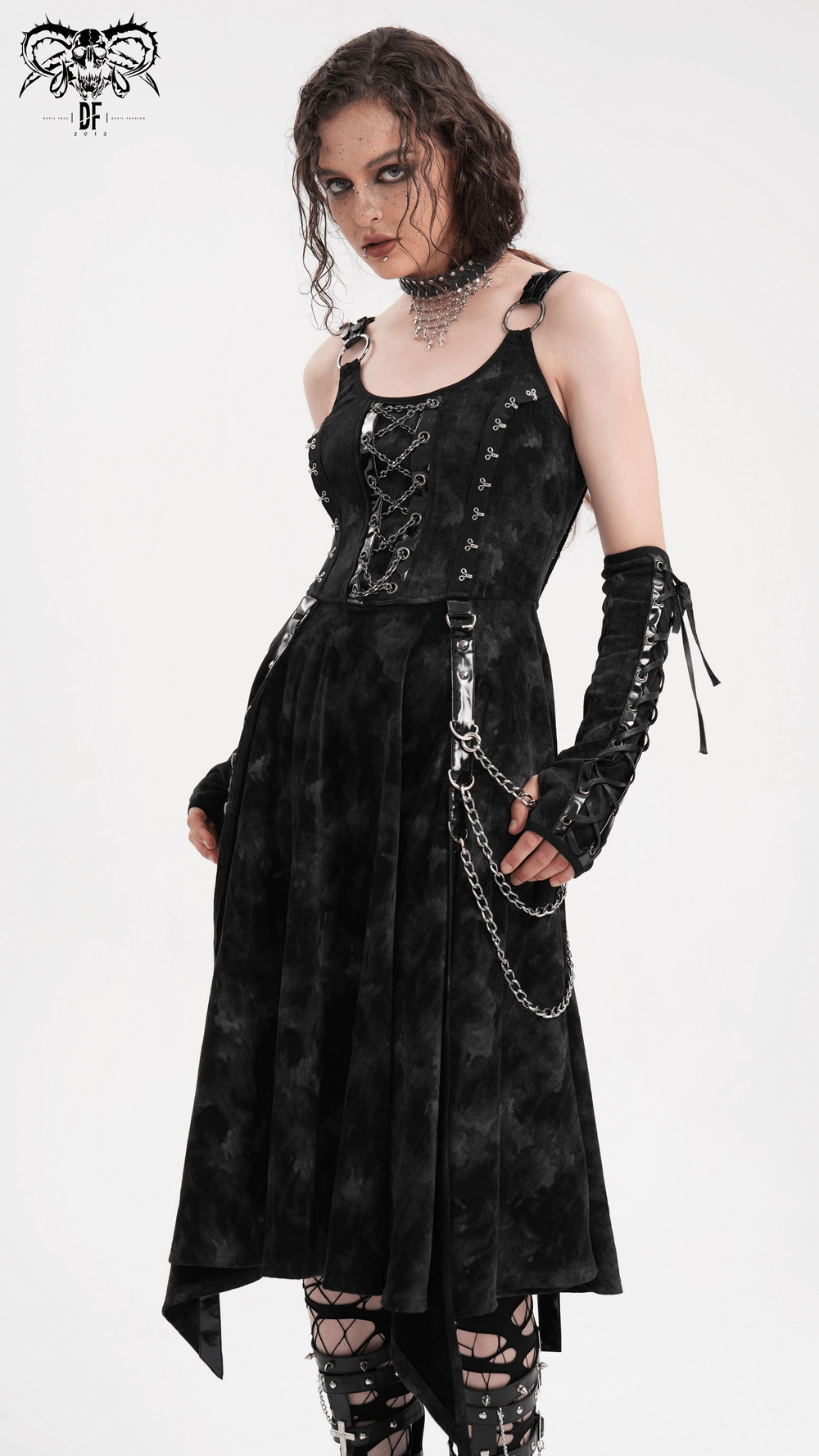Gothic Slip Dress with Chains and Gloves for Women