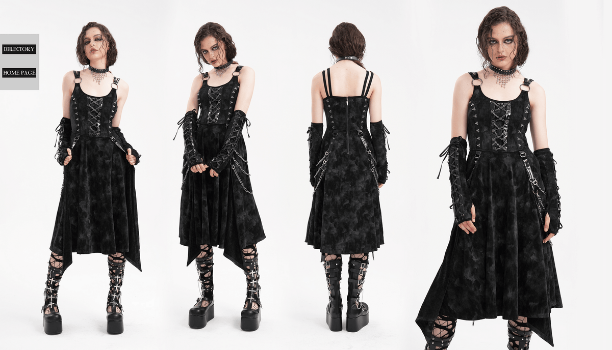 Gothic Slip Dress with Chains and Gloves for Women